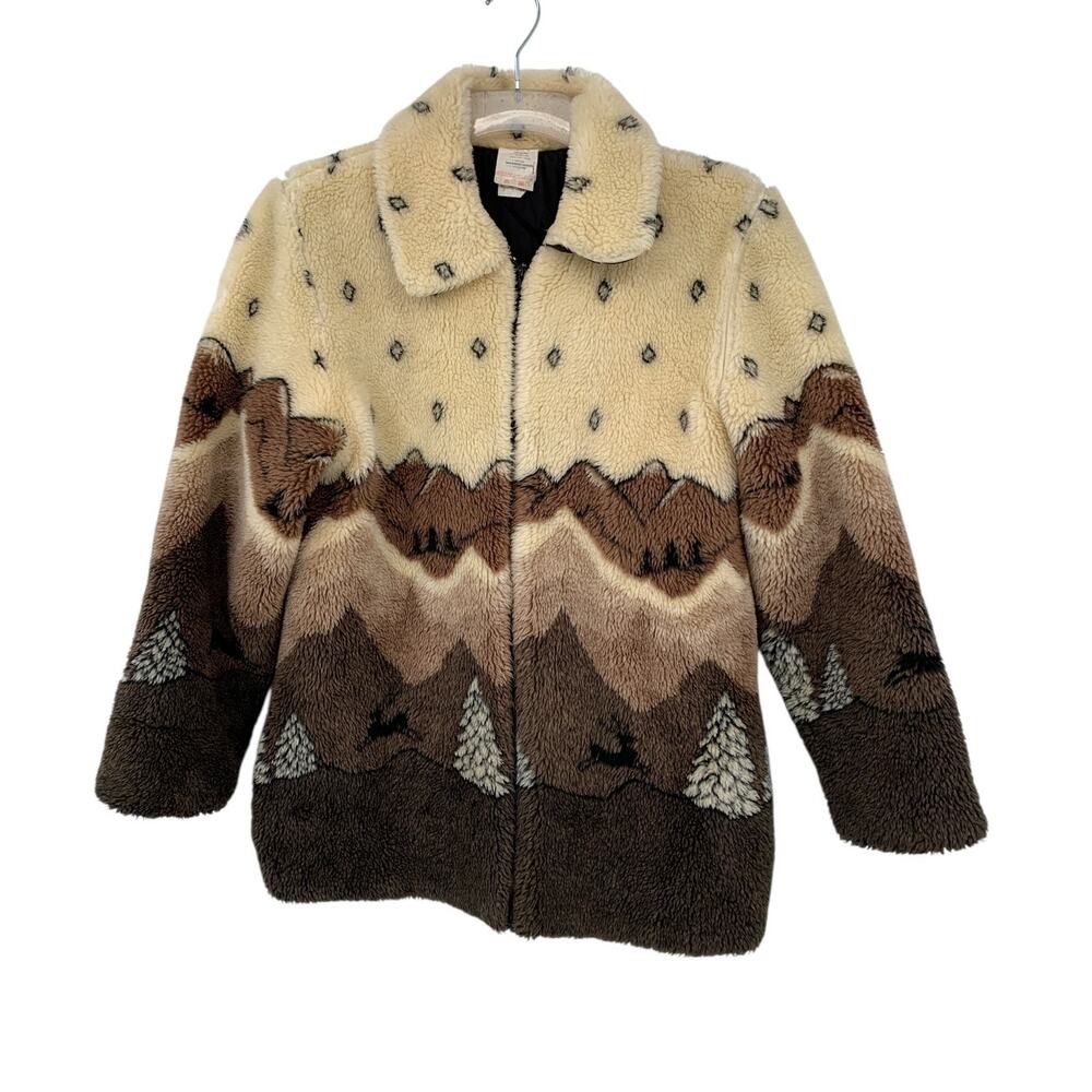 Vtg Canadian Outdoors Fleece Jacket Womens S Full Zip made Canada Mountains Deer